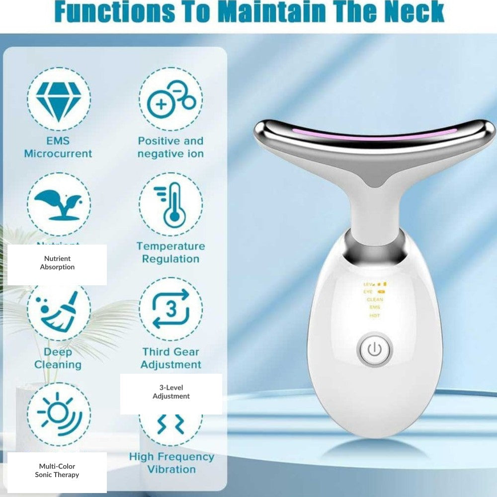GlowSculpt 8 Functions infographic – EMS Microcurrent Positive Ion Nutrient Absorption Temperature Regulation Deep Cleaning 3-Level Adjustment Multi-Color Sonic Therapy High Frequency Vibration