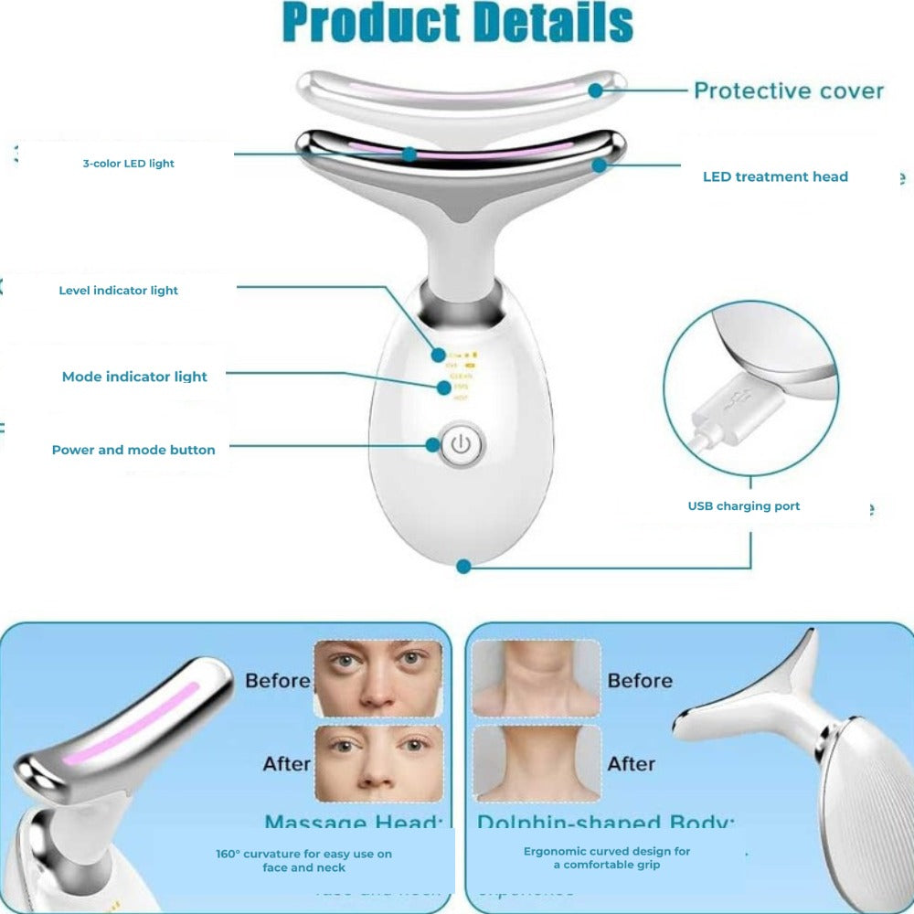 GlowSculpt product details: LED treatment head, mode indicator, power button and USB charging port