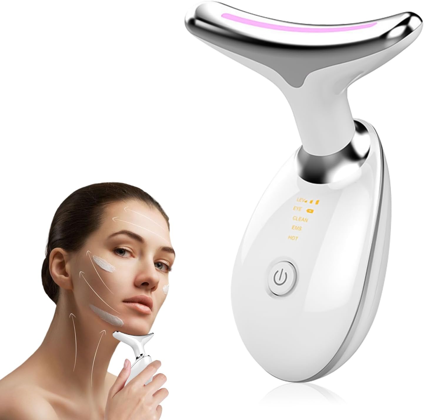 GlowSculpt facial sculpting wand in white with model using it on jawline