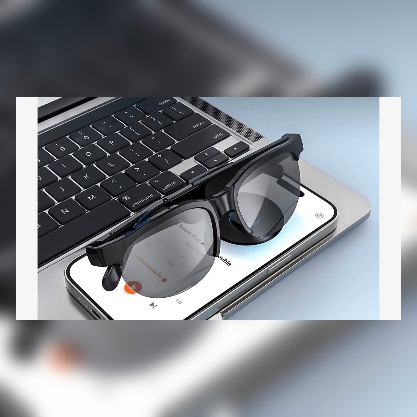 SonicShades Tech edition paired with smartphone and laptop - smart connect